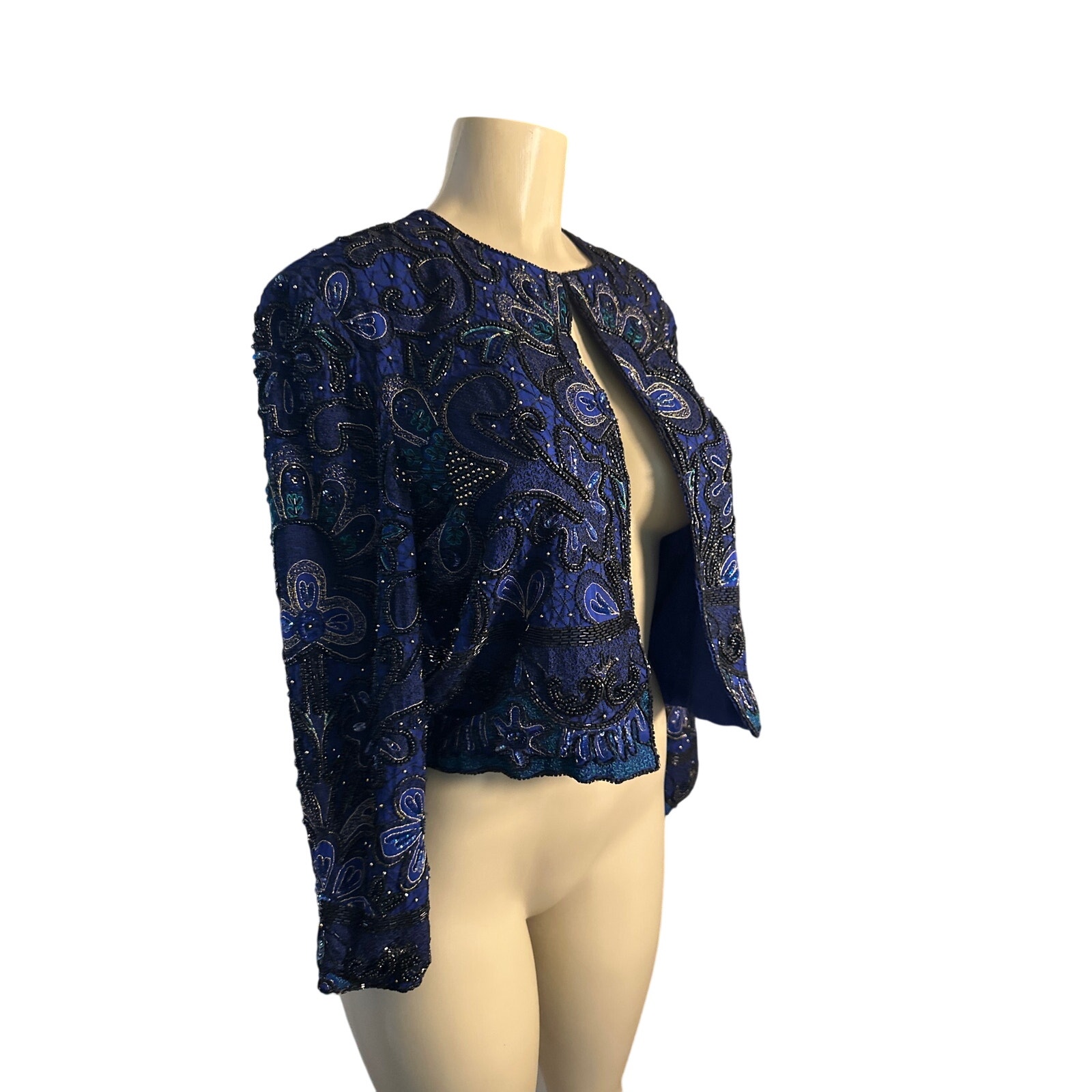 Vintage Women S Niteline Della Roufogali 100% Silk Beaded Evening Jacket Blue